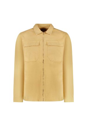 Gele lange mouwen shirt van gladde stof, met een kraag, een rits aan de voorkant en twee borstzakken met klepsluitingen.