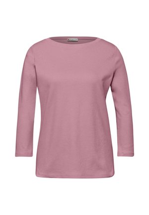 Camiseta de mujer de manga larga en suave color rosa, con escote redondo y dobladillo recto, presentada sobre un fondo blanco liso.