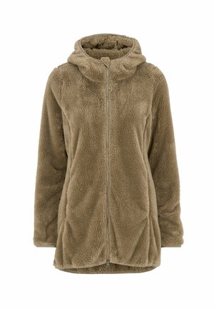 Beige plush fleece jacket with hood and front zipper, long sleeves, and soft textured fabric for warmth and comfort.