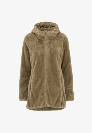 Beige fluffy fleecejakke med hætte og frontlynlås, lange ærmer og blødt, tekstureret stof til varme og komfort.