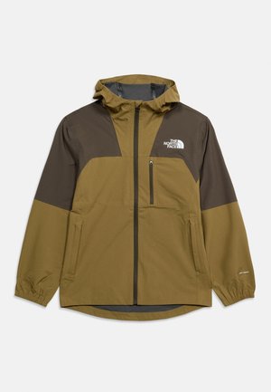 Veste à capuche The North Face bicolore brun et vert olive avec fermeture éclair sur le devant et poches, poignets élastiques et petite poche zippée sur la poitrine.