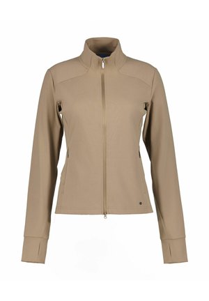 Veste beige zippée avec manches longues, col montant, deux poches latérales et trous pour les pouces. Texture lisse avec des coutures et accents minimaux.