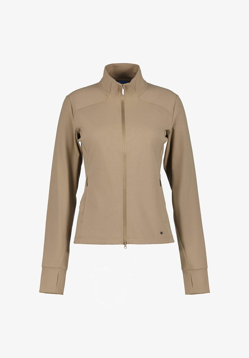 Béžová bunda na zip s dlouhými rukávy, stojáčkovým límcem, dvěma bočními kapsami a otvory pro palce. Hladká textura s minimem švů a detaily.