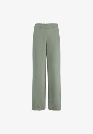 Weit geschnittene, hoch taillierte Hosen in gedämpftem Salbeigrün mit glattem Vorderteil und elastischem Bund, dargestellt vor weißem Hintergrund.
