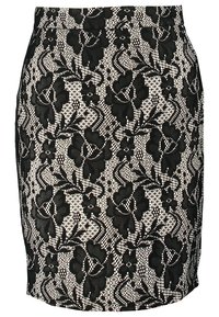 Svart och krämfärgad spetspencilkjol med blommönster, figurnära design, slät textur och hög midja.