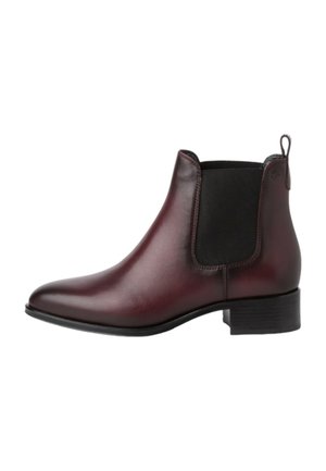 Botas de tobillo de cuero burdeos con un acabado suave, paneles laterales elásticos y un tacón bajo tipo bloque. Cuenta con una cinta en la parte trasera para facilitar su puesta.