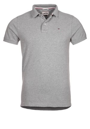 Graues Polohemd aus Baumwolle, mit Kragen, kurzen Ärmeln und einem kleinen gestickten Emblem auf der linken Brust.