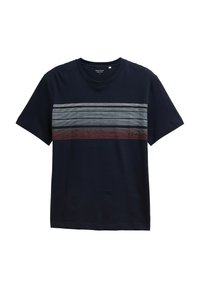 Marineblaues T-Shirt mit kurzen Ärmeln aus strukturiertem Stoff, mit horizontalen, mehrfarbigen Streifen über der Brust. Markenlogo auf der Vorderseite.