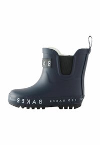 Botte de pluie en caoutchouc marine avec panneau latéral élastique noir, bande de logo blanche, semelle texturée et une languette pour un enfilage facile.
