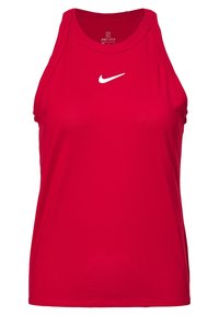 Débardeur rouge Dri-FIT avec un col arrondi, design sans manches, et un logo Nike blanc sur la poitrine. Tissu texturé pour la respirabilité.