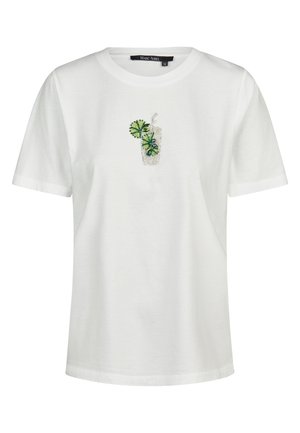 White short-sleeve T-shirt with a small beaded design of a glass with a straw and green lime slices in the center front.