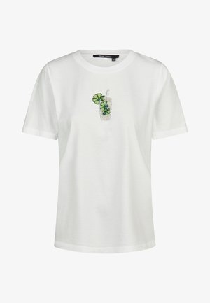 White short-sleeve T-shirt with a small beaded design of a glass with a straw and green lime slices in the center front.
