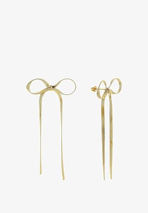 Goldfarbene Ohrringe in Form von Schleifen, mit langen, herabhängenden, bandähnlichen Akzenten mit texturierter Oberfläche und sicherem Clip-On-Verschluss.