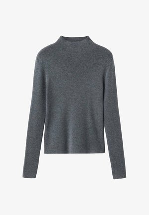 Dunkelgrauer, langärmliger Strickpullover mit hohem Rundhalsausschnitt und gerader Säume, präsentiert auf einem weißen Hintergrund.
