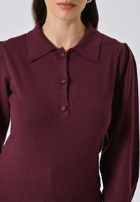 Maglione a maglia color bordeaux con colletto, chiusura frontale a tre bottoni e maniche lunghe con leggero volume sulle spalle. Logo del brand discreto vicino all'orlo.