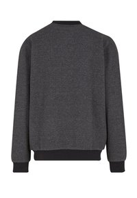 Mørkegrå sweatshirt med et struktureret mønster, ribstrikkede manchetter og kant. Rund halsudskæring og ingen synlige mærker eller detaljer på ryggen.