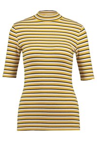 Camiseta de rayas amarillas y blancas de canalé con mangas cortas y un cuello alto. Presenta líneas horizontales en negro, amarillo y blanco.