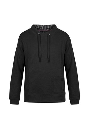 Black long-sleeve hoodie with drawstrings, a high collar, striped inner lining, and a small pocket on the front right side.