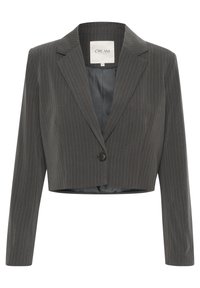 Beskåret blazer i mørkegråt stof med fine lodrette striber, enkeltknaplukning, reverskrave og en glat inderside.