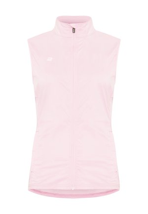 Chaleco sin mangas de color rosa claro con cuello alto y cremallera frontal, con un pequeño logo blanco en el lado izquierdo del pecho.