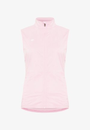 Chaleco sin mangas de color rosa claro con cuello alto y cremallera frontal, con un pequeño logo blanco en el lado izquierdo del pecho.
