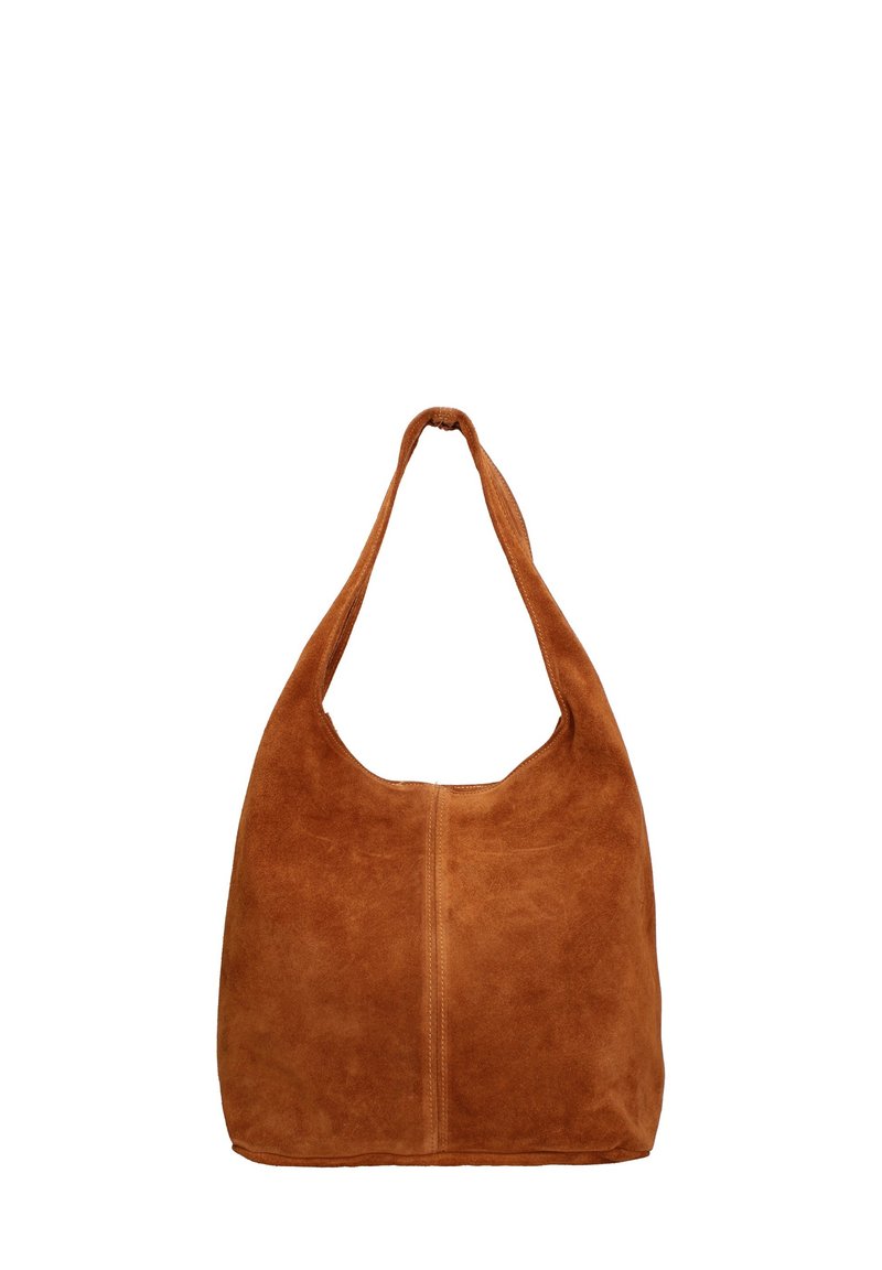 Braune Wildleder-Hobo-Tasche mit abgerundetem oberen Rand, breitem Schultergurt und zentraler Steppnaht. Weiche Textur und lässiges Design.
