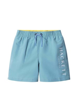 Lichtblauwe zwembroek met een elastische tailleband met een gele binnenvoering, een trekkoord en witte logotekst aan de zijkant.