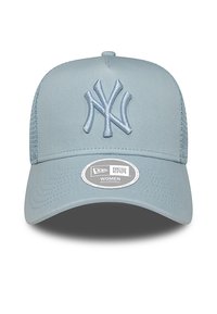 Light blue cap with an embroidered NY logo, adjustable back, and a curved visor. Made of smooth fabric with textured side panels.