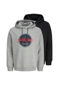 Two hoodies: one grey with a logo, the other black. Both feature drawstrings and ribbed cuffs. Soft fabric, casual design.