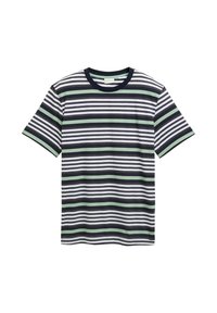 Gestreiftes T-Shirt in Marineblau, Weiß und Grün. Hat einen runden Halsausschnitt, kurze Ärmel und unterschiedliche horizontale Streifen über den Stoff.