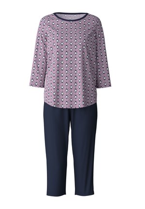 Multikleurige top met een geometrisch patroon in roze, marineblauw en wit, gecombineerd met effen marineblauwe capri-broeken. Glad materiaal, ronde hals.