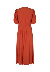 Robe MIDI rouge avec manches courtes bouffantes, taille élastique et jupe fluide. Fabriquée en tissu léger sans motifs ni accents notables.