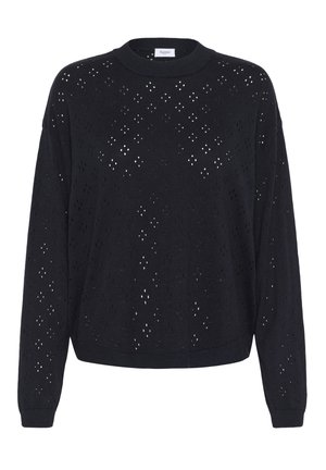 Melna adīta džemperis ar brīvu piegriezumu, apaļu kakla izgriezumu un sarežģītiem izgriezumiem visā virsmā. Garas piedurknes ar ribotām aprocēm.