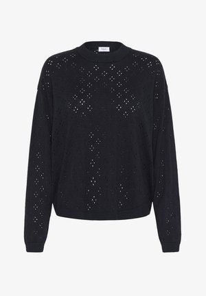 Fekete kötött pulóver, laza szabással, kerek nyakkivágással és bonyolult kivágott mintákkal. Hosszú ujjakkal, bordázott mandzsetta.