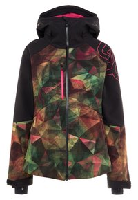 Veste à capuche noire avec motif géométrique abstrait multicolore, fermeture éclair frontale, poche poitrine et intérieur doublé de rose.