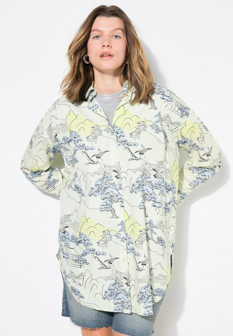 Camisa verde claro de botones con un estampado escénico de árboles, montañas y pájaros en tonos azules y rosas. Corte amplio con mangas largas.