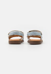 Achteraanzicht van blauwe en groene sandalen met een zachte suède afwerking, bruine buitenzool en verstelbare banden voor een veilige pasvorm.