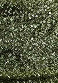 Tissu vert couvert de paillettes circulaires brillantes. Surface texturée avec des paillettes superposées réfléchissant la lumière, créant un effet étincelant.