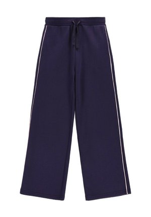 Granatowe spodnie o szerokich nogawkach z elastycznym pasem, sznurkiem ściągającym i białymi paskami po bokach na obu nogawkach.