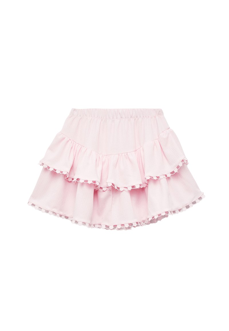 Falda rosa con volantes en capas y un tejido texturizado. Presenta una suave cinturilla elástica y un ribete en contraste a lo largo de los bordes.