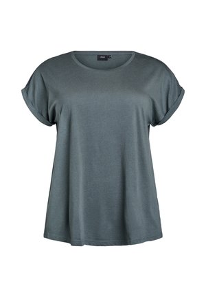 Green short-sleeved t-shirt with a round neckline, loose fit, and rolled sleeve cuffs, made of soft, lightweight fabric.