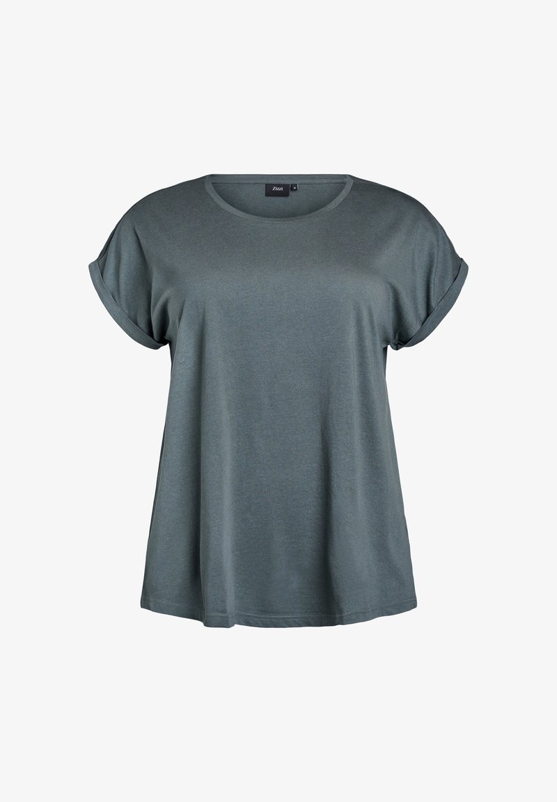 T-shirt vert à manches courtes avec un col rond, coupe décontractée et poignets à revers, en tissu doux et léger.