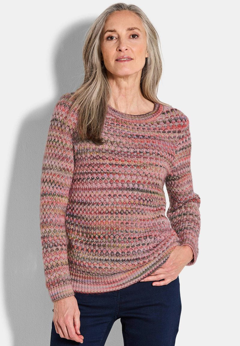 Pull en tricot avec des motifs multicolores dans des tons de rose, rouge et vert ; col rond ; manches longues ; poignets et ourlet côtelés.