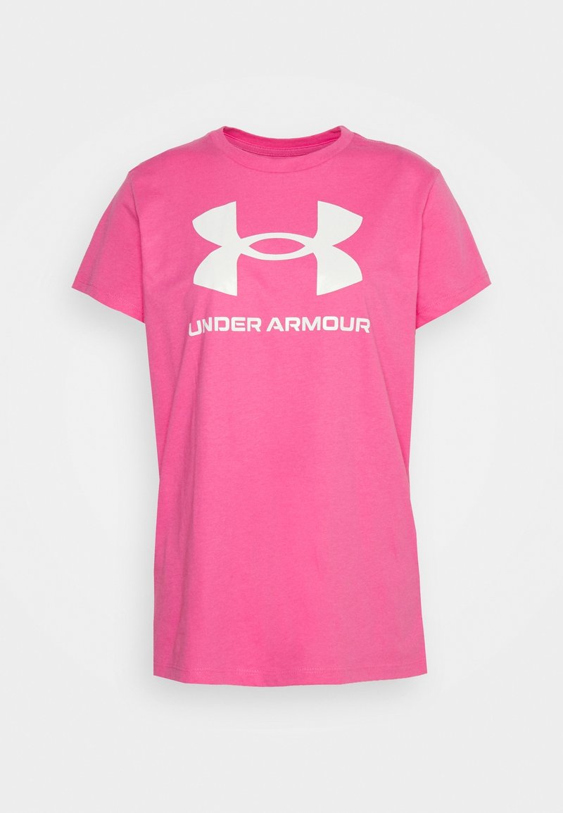 Camiseta de algodón rosa con cuello redondo y mangas cortas, con un gran logo blanco de Under Armour en el centro.