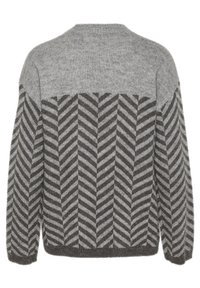 Grauer Pullover mit strukturiertem Muster. Verfügt über Fischgrätstreifen in dunklem und hellem Grau über den Rücken. Lange Ärmel und runder Ausschnitt.