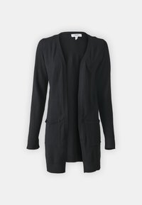 Svart cardigan med öppen front, ribbade ärmslut och två framfickor. Tillverkad av mjukt material, med en enkel design och en avslappnad passform.