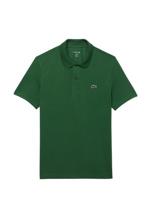Polo verde realizzato in cotone, a maniche corte, con colletto a costine, patta con tre bottoni e logo ricamato sul petto.