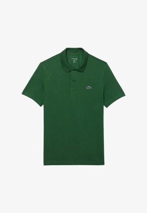 Zelena polo majica iz bombaža s kratkimi rokavi, rebrastim ovratnikom, zapenjanjem na tri gumbe in vezeno logo na prsih.