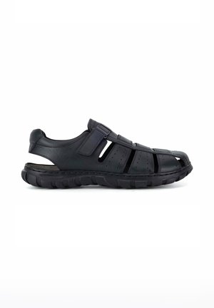 Sandalo da uomo chiuso in pelle nera con cinturino in velcro, lati traforati e suola spessa e imbottita, ideale per un uso casual.