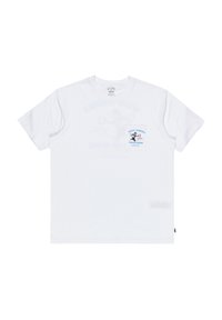 White cotton t-shirt featuring a blue and black graphic print on the left chest pocket area with text and cartoon design. Regular fit.